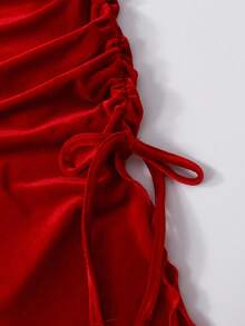 SHEIN 女童拼色彼得潘领格子拼接学院风长袖 A 字裙，天鹅绒蝴蝶结细节，女童优雅天鹅绒 V 领长袖 A 字裙 + 包，圣诞节和派对装，秋冬，甜美时尚、可爱、舒适、百搭 - 紅色 - 查看 5