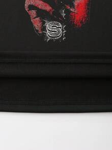 ROMWE MEN Street Life 男士闪光钻石哥特式印花长袖T恤，宽松短款，秋季 - 黑色 - 查看 4