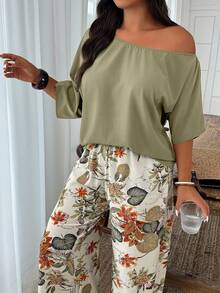 SHEIN PETITE CURVE Plus Size Casual Solid Color Top And Wide Leg Pants 2 Pieces Set - Multicolor - View 6