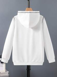 SHEIN Áo nỉ có mũ, phối sọc tương phản, túi, phong cách thường ngày cho bé trai tuổi teen, thích hợp cho mùa thu/đông. - trắng - Xem 2