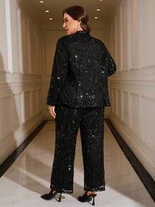 Gownix Plus Size Women's Suit Set,Black,Summer,Elegant,Formal,Evening,Silver Sequins,With Pockets,Long Pants Suit,Autumn/Winter - Black - View 9