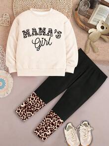 TaviRue 2 件套年轻女孩休闲豹纹“MAMA'S GIRL”字母图案长袖运动衫和长裤套装，卡通印花，适合秋冬季 - 彩色 - 查看 2