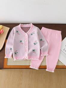 SHEIN Strawberry Blossom: Baby Girls' Cardigan Sweater Set. Strawberry Jacquard, Ruffle Hem And Neckline Design, And Cardigan Style, Cute And Fashionable For Baby Girls Fall Winter - Multicolor - View 9