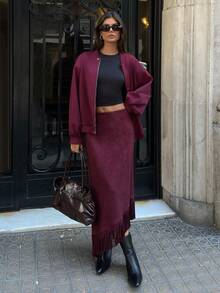 Aloruh 女士超长绒面革半身裙，勃艮第红安卡拉红复古浪漫波西米亚流苏拼接 A 字裙 - 酒紅色 - 查看 6