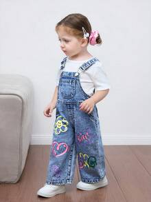 Quần yếm denim xanh cho bé gái có họa tiết hoa mặt cười Graffiti - Rửa nhẹ - Xem 2