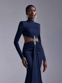 Elitara Minimalist Red Rhinestone Embellished Mermaid Maxi Dress, Suitable For Attending Parties, Gatherings, And Formal Dinners - Navy Blue - View 2