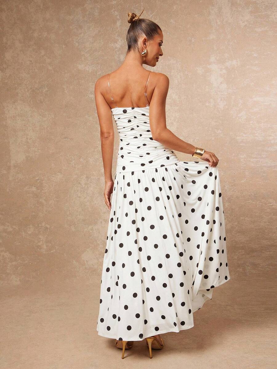 Lumalex 早春复古黑白波点褶皱紧身胸衣连衣裙，适合女士，奢华舞会、聚会、宴会、低调奢华、闪耀夺目的节日派对、锐舞派对、音乐节、郊游、度假、户外、婚礼季、宴会、圣诞节、新年等场合，层次丰富，是派对、晚宴、晚会、派对的理想之选。早春波点连衣裙，女士无肩带长款波点连衣裙，夏季白色波点长裙。