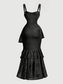 SHEIN MOD Rochie neagră din dantelă, mulată, asimetrică, cu tiv cu volane, ținută de vară, rochie de absolvire