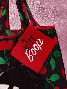 Betty Boop x SHEIN 1 pieza Bolsa de compras plegable con figura de dibujo animado linda, bolso de mano con bolsillo desmontable en cadena, juguetón, cereza, ideas de regalo, fiesta, vacaciones, Día de San Valentín - Negro - Ver 5