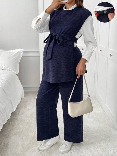 SHEIN 2pcs Maternity Casual Solid Color Knotted Waist Vest And Pants Set, Autumn Two Pieces Set Women Comfy Modest Two Pieces Set Maternity 2 Pieces Set Maternity Clothes Two Pieces Suits Comfortable Two Pieces Set