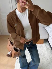 SHEIN EZwear 秋冬女士时尚休闲长袖连帽拉链夹克 - 棕色 - 查看 4