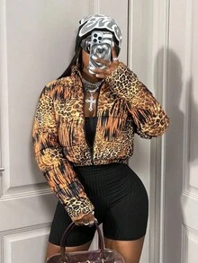 BamGleam Animal Print Cropped Stand Collar Jacket - Brown - View 6