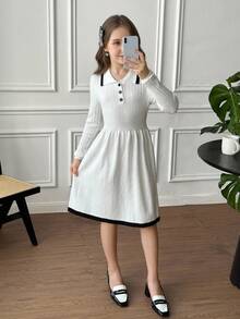 SHEIN Tween Girl Casual Fashion Versatile Cable Knit Contrast Trim Collared Long Sleeve Cinched Waist Sweater Dress, Suitable For Weekend, Casual Outing, Back To School, Suitable For Winter, Casual, Preppy, Cute & Casual & Vintage, Great For Autumn/Winter Casual, Daily Wear, School - White - View 9