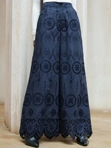Aveloria Modichic Pantalon blanc ample à taille haute et brodé pour femmes, été - Bleu marine - Voir 4