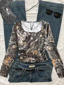 SHEIN 青少年女孩印花修身长袖 T 恤，休闲日常时尚百搭 - 軍綠色 - 查看 1