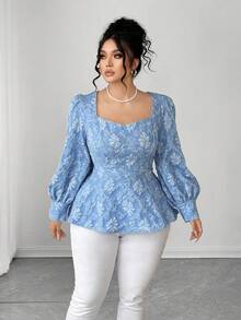 SHEIN Elenzya 大码女式泡泡袖优雅衬衫，适合外出和聚会 - 藍色 - 查看 3