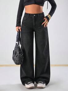 EURMUSE WOMEN CLASSIC HIGH WAIST WIDELEG BLACK WASH DENIM JEAN BACK LABEL AND RİVET - Black - View 4