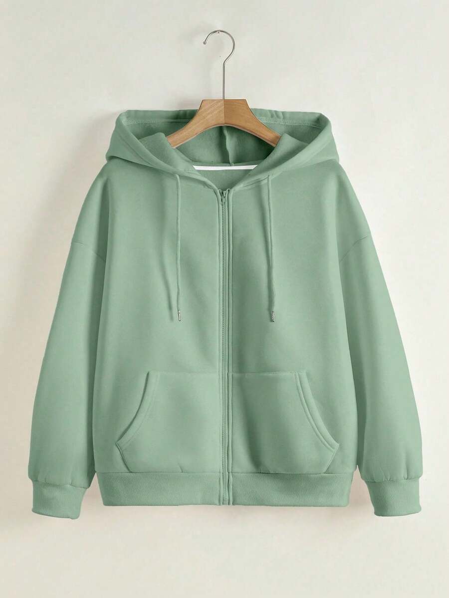 INAWLY Women's Fashionable Versatile Solid Color Drop Shoulder Long Sleeve Zip Up Sweatshirt, Autumn - Green - View 1