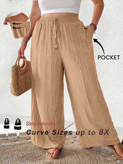 SHEIN CURVE+ Plus Size Women Summer Casual Beach Outfits, Fashion Business Commute Elegant Wide-Leg Pants With Pockets, Lotus Pink,Summer Pantssummer/Country/Beach Vacation Outfits/Beach Outfits/Beach Wear