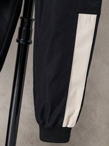 Tween Boy Contrast Color Zipper Collar Utility Pocket Jacket And Pants Casual Loose Suit, Autumn Fall Winter