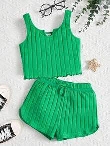 SHEIN Teen Girl Solid Rib-Knit Lettuce Trim Tank Top & Shorts Set - Green - View 1