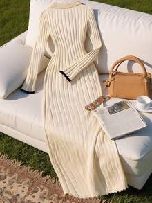 Franclia New Autumn European & American Style Sexy Fitted Vintage V-Neck Elegant Knit Sweater Dress For Women - Beige - View 2