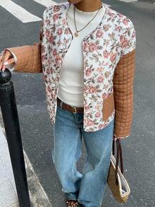 SHEIN Unity Áo khoác chần bông cổ tròn tay dài in họa tiết tương phản cổ điển dành cho nữ, mặc thường ngày và ngày lễ, mùa thu/đông - Nhiều màu - Xem 3