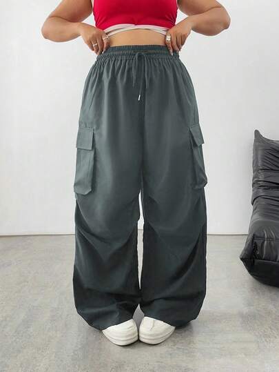 SHEIN Tall 大码纯色口袋宽松休闲工装裤