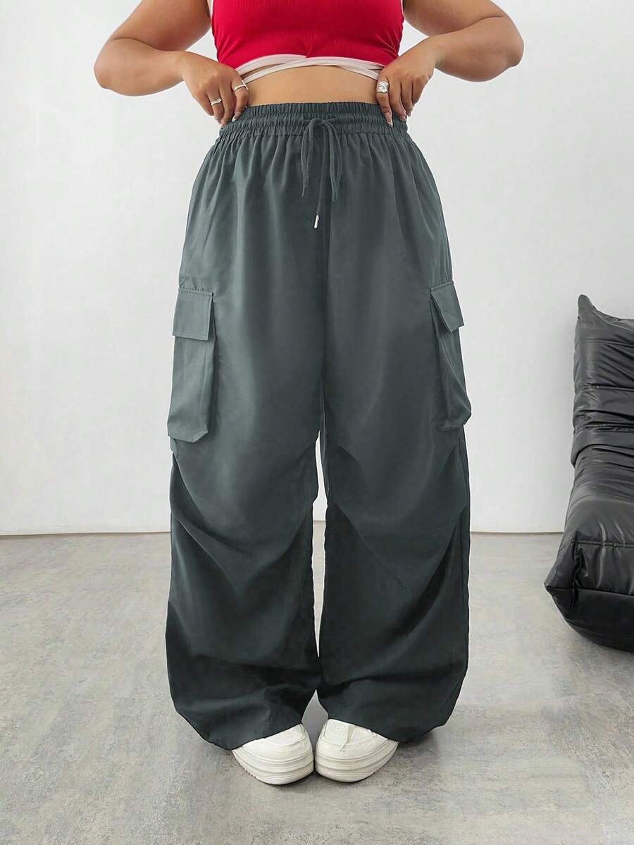 SHEIN Tall 大码纯色口袋宽松休闲工装裤 - 灰色 - 查看 1