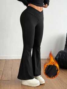 SHEIN PETITE 女士基本款天鹅绒秋冬保暖V型腰喇叭紧身裤，黑色裤子 - 黑色 - 查看 5