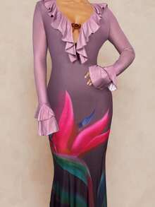 Lumalex 女式渐变色花卉印花露背荷叶边下摆喇叭袖紧身连衣裙 - 藕粉色 - 查看 7