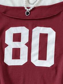 少女休闲红色针织标语露肩印花短款短袖修身上衣，春夏季清凉基础款日常百搭运动时尚夏季上衣，开学季校服~ - 紅色 - 查看 3