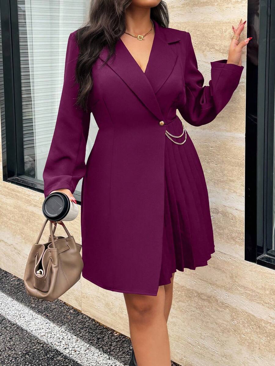 Calvaya Vestido envolvente plisado de unicolor elegante talla grande, adecuado para ir al trabajo - Morado - Ver 1