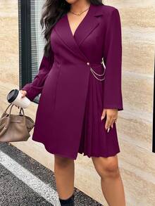 Calvaya Vestido envolvente plisado de unicolor elegante talla grande, adecuado para ir al trabajo - Morado - Ver 5