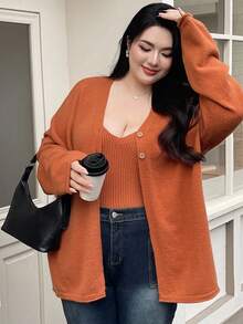 Dazy Plus 2 件大码女士宽松纯色 V 领开衫毛衣套装，休闲秋冬