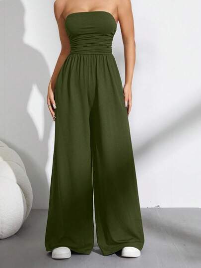 SHEIN PETITE Women's Casual Pleated Loose Straight Leg Jumpsuit, Black