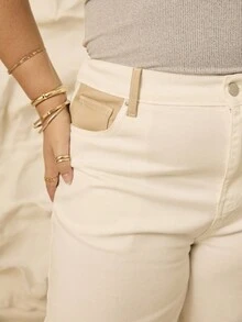 Aralina 大码休闲 Y2K 可爱曲线秋冬高腰贴袋细节阔腿牛仔裤 女士教师节和生日礼物 - 白色 - 查看 3