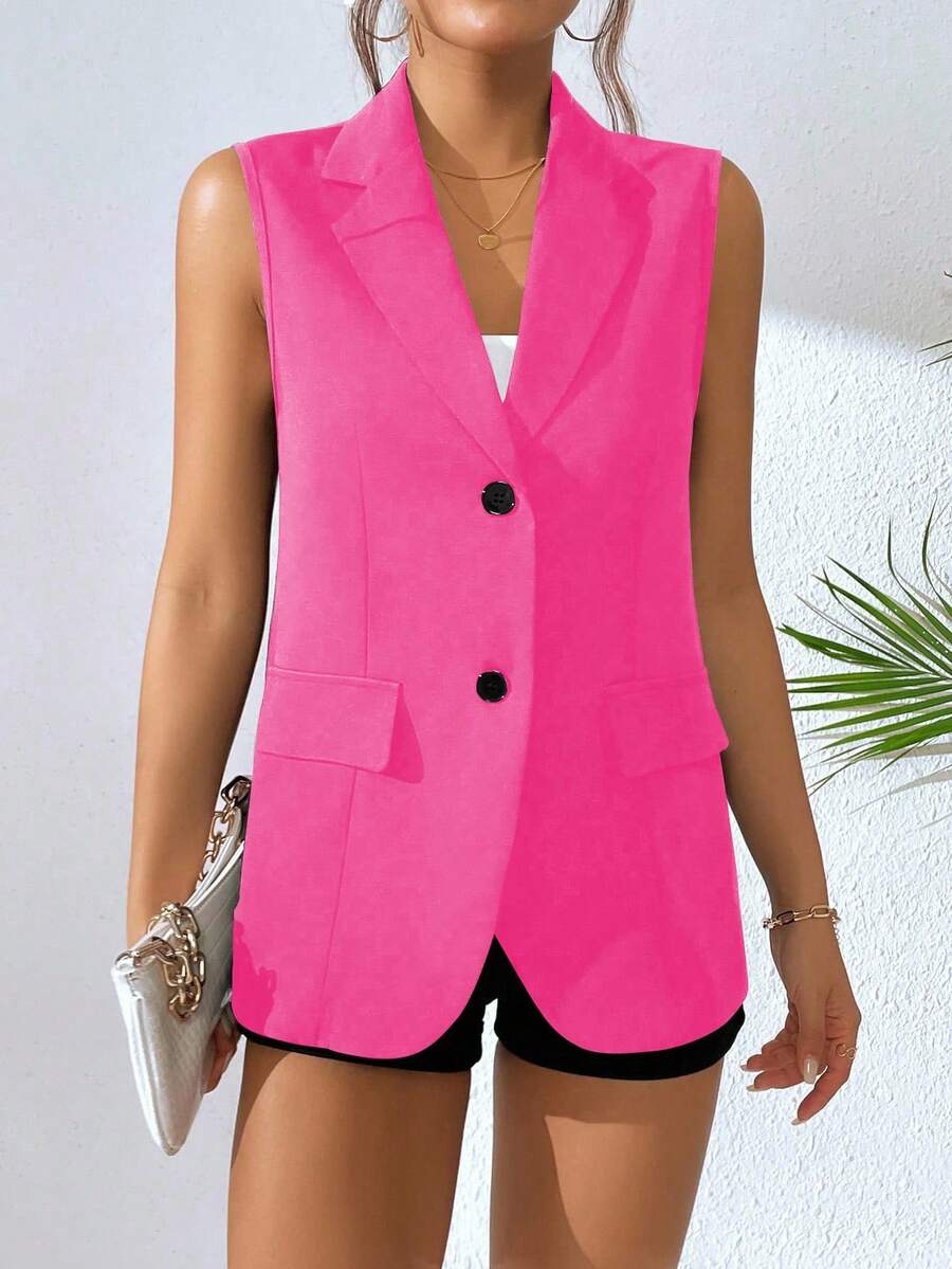 EMERY ROSE Solid Color Front Button Business Casual Lightweight Sleeveless Suit Vest Formal Clothing - Hot Pink - View 1
