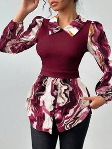 EMERY ROSE Marble Print Contrast Color Knit Ribbed 2 In 1 Top Puff Sleeve Blouse Marble Print Blouse Lantern Sleeve Blouse Women Blouses Long Sleeve Peplum Blouse - Burgundy - View 5