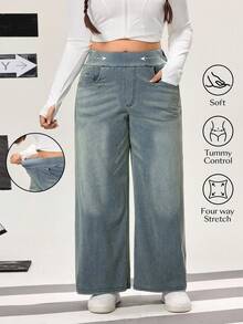 Flexra Plus Size High Stretch Knit Wide Leg Boyfriend Jeans - Dusty Blue - View 1