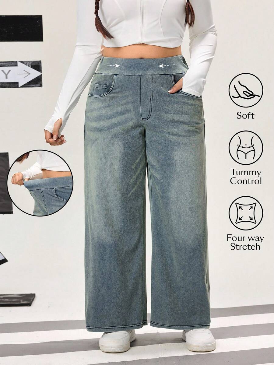 Flexra Plus Size High Stretch Knit Wide Leg Boyfriend Jeans - Dusty Blue - View 1