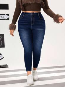 SHEIN Unity Plus Size Women's Casual Fashion Versatile Button Skinny Jeans - Blue - View 6