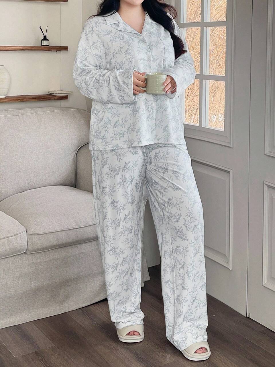 Dazy Plus 2pcs Plus Size Women Floral Print Loose Fit Casual Pajama Set, Comfortable Home Wear For Spring & Autumn, Fall & Winter Clothes, Cozy Outfit