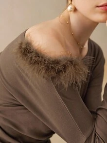 Cévolie Women's Oblique Shoulder Furry Patchwork Fitted Fleece Long Sleeve T-Shirt