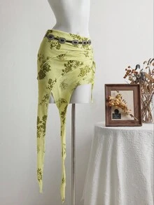 SHEIN Unity Thắt lưng lưới vá kiểu Punk cổ điển, chân váy mini cạp thấp - Màu Mù tạt vàng - Xem 3