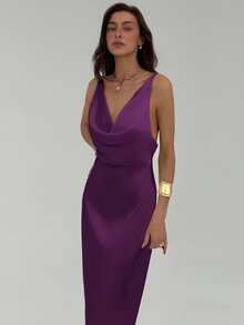 Aloruh 女式纯色简约无袖连衣裙 - 紫色 - 查看 4