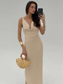 Aloruh 女式纯色无袖露背垂坠领优雅连衣裙 - 卡其色 - 查看 8