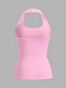 SHEIN EZwear 女式粉色緊身綁頸背心，適用於夏季 - 粉色 - 查看 2