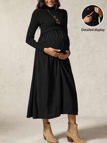 Boho Mama 孕妇纯色立领长袖休闲哺乳连衣裙 - 黑色 - 查看 1