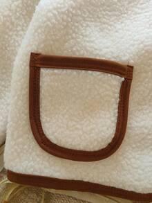 Vintaside Kids 1pc Baby Girls' Winter New White Faux Fur Trim Brown Front Pocket Lapel Minimalist Contrast Color Elegant Versatile Warm Jacket Fall - White - View 5